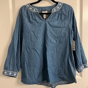 Embroidered Chambray 3/4 length sleeve Blouse S